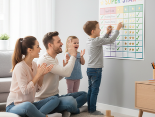 Rodiče a dítě v interiéru, s důrazem na podporu a motivaci dítěte před každodenními úkoly a výzvami.