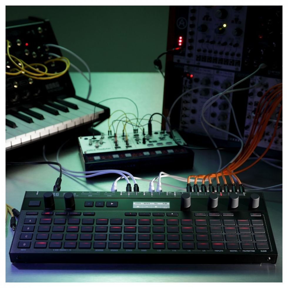 Image of Korg SQ-64 Polyphonic Step Sequencer top view plugged into synths