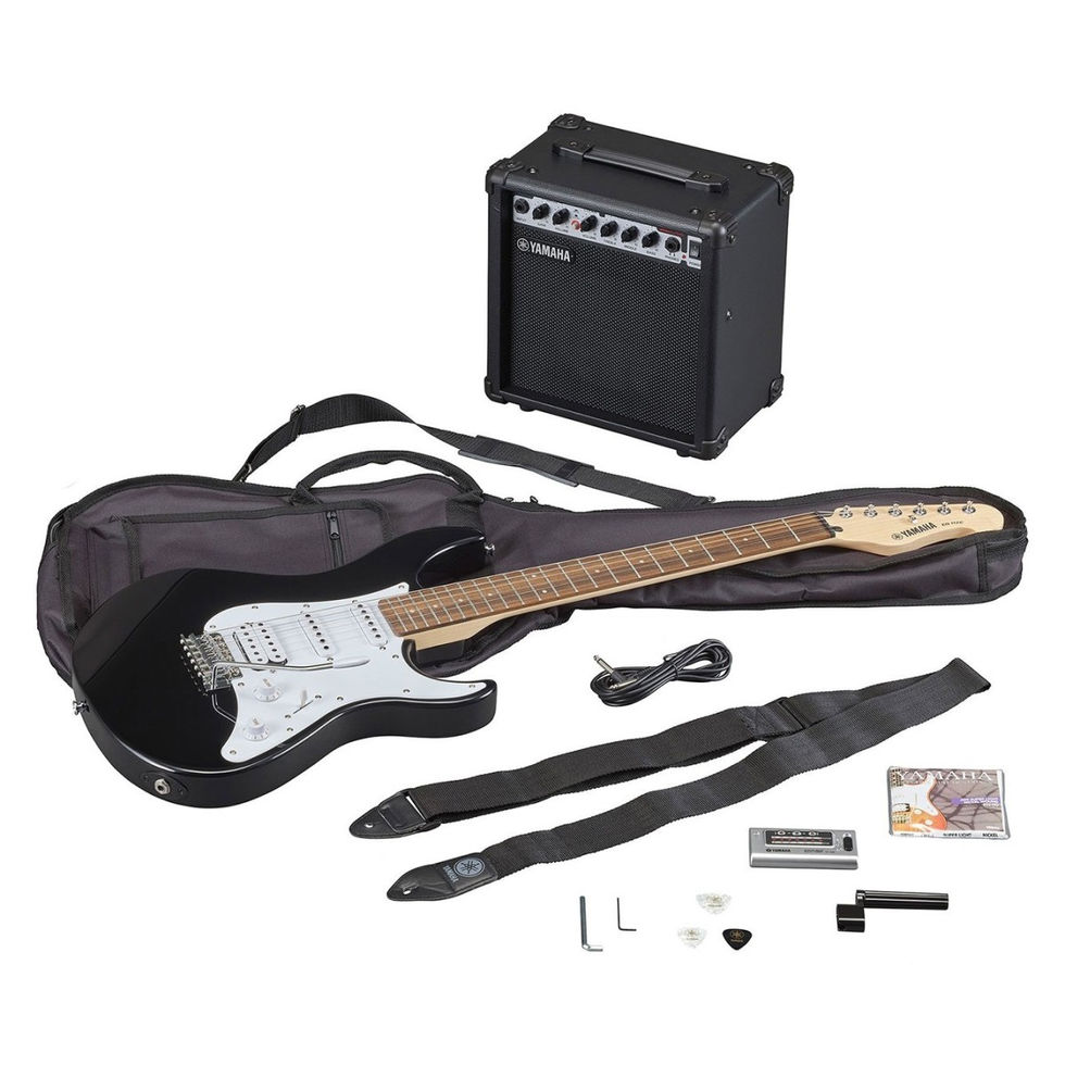Yamaha EG112GP II Gigmaker Guitar Pack - Black with accessories all laid out