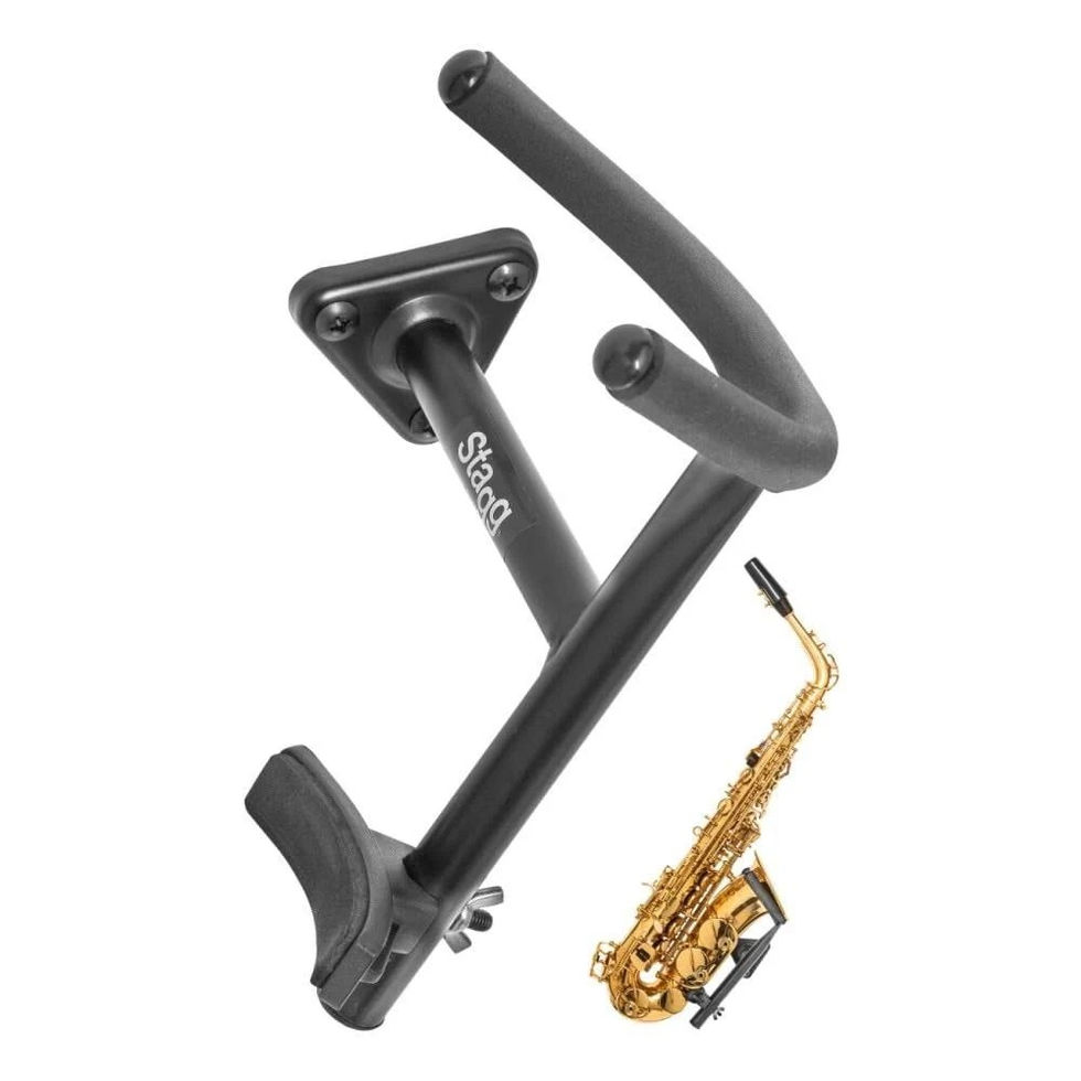 Image of Stagg SLA-ASH Wall Mounted Alto Saxophone Stand with sax in background view