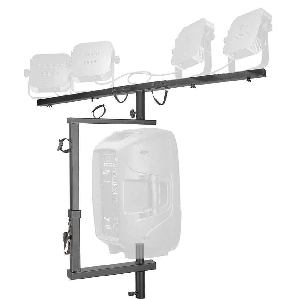 Image of Stagg T-bar Lighting Extension with faded speaker and lighting view of top