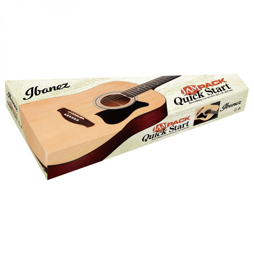 Image of Ibanez V50 Acoustic Guitar - Open Pore Natural box top angled view with image of guitar on it