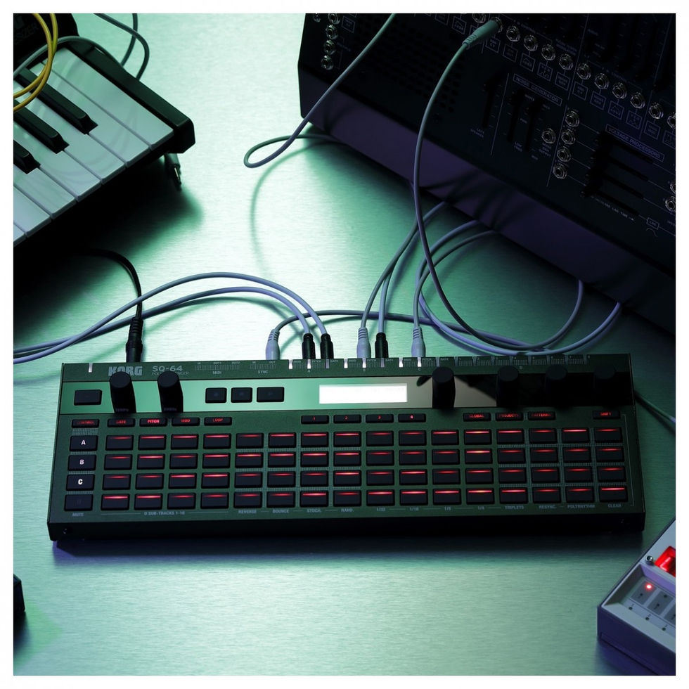 Image of Korg SQ-64 Polyphonic Step Sequencer top view plugged into music equipment