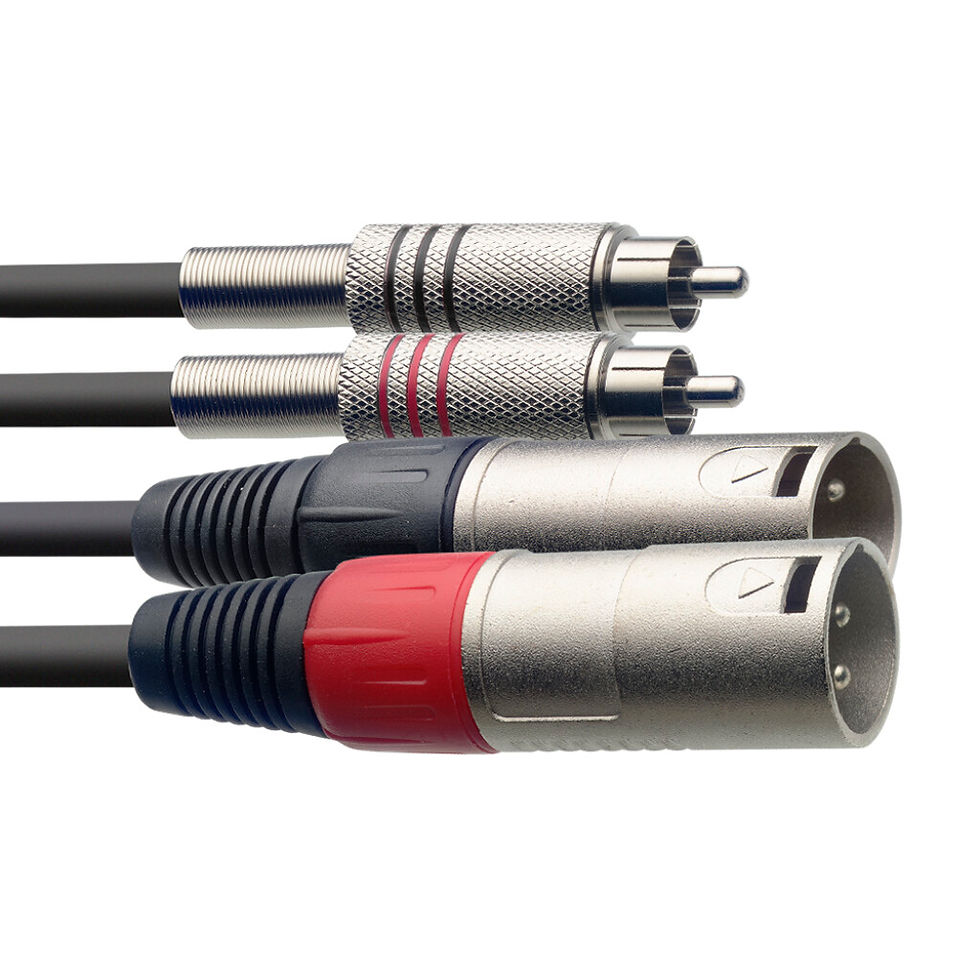 Image of Stagg STC3CMXM Twin XLR Male to RCA Cable side view of XLR and RCA ends