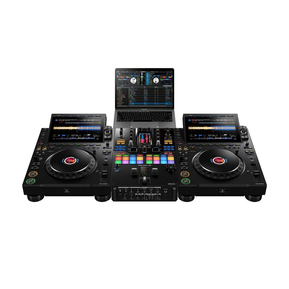 Image of a pair of AlphaTheta CDJ-3000X Professional DJ CDJs top view with Pioneer DJ DJM S11