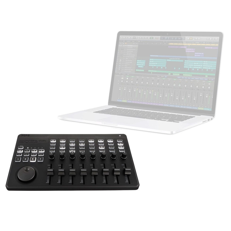 Image of Korg nanoKONTROL Studio MIDI Controller top front angle view with faded laptop