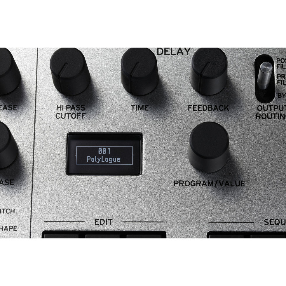 Image of Korg Minilogue Polyphonic Analogue Synthesiser top view of buttons and display