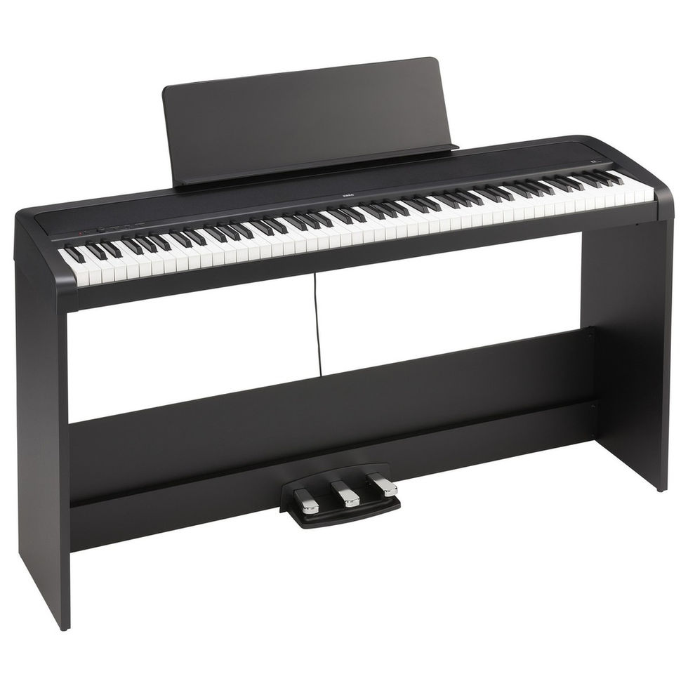 Image of Korg B2 Digital Piano Black with Stand and Pedals front angled view with music stand