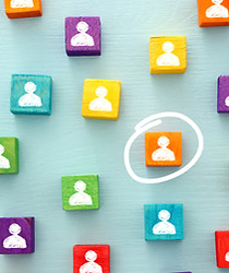 colorful people icons, circled the right person. HR human resources, right people, administrative admin support assistants, talent acquisition, stafffing.