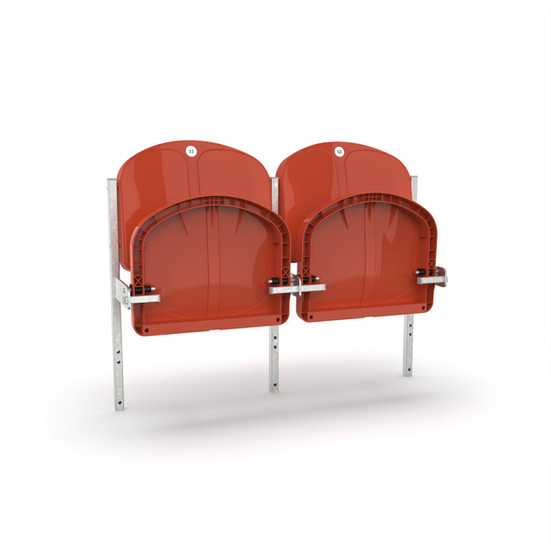 Angled front view, 3d render of 2 red Spectrum seats in closed position