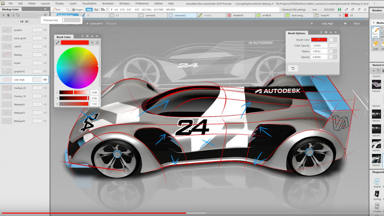 Mark-Up functionality in Alias. Sketch on top of a 3D model right in the modeling software.