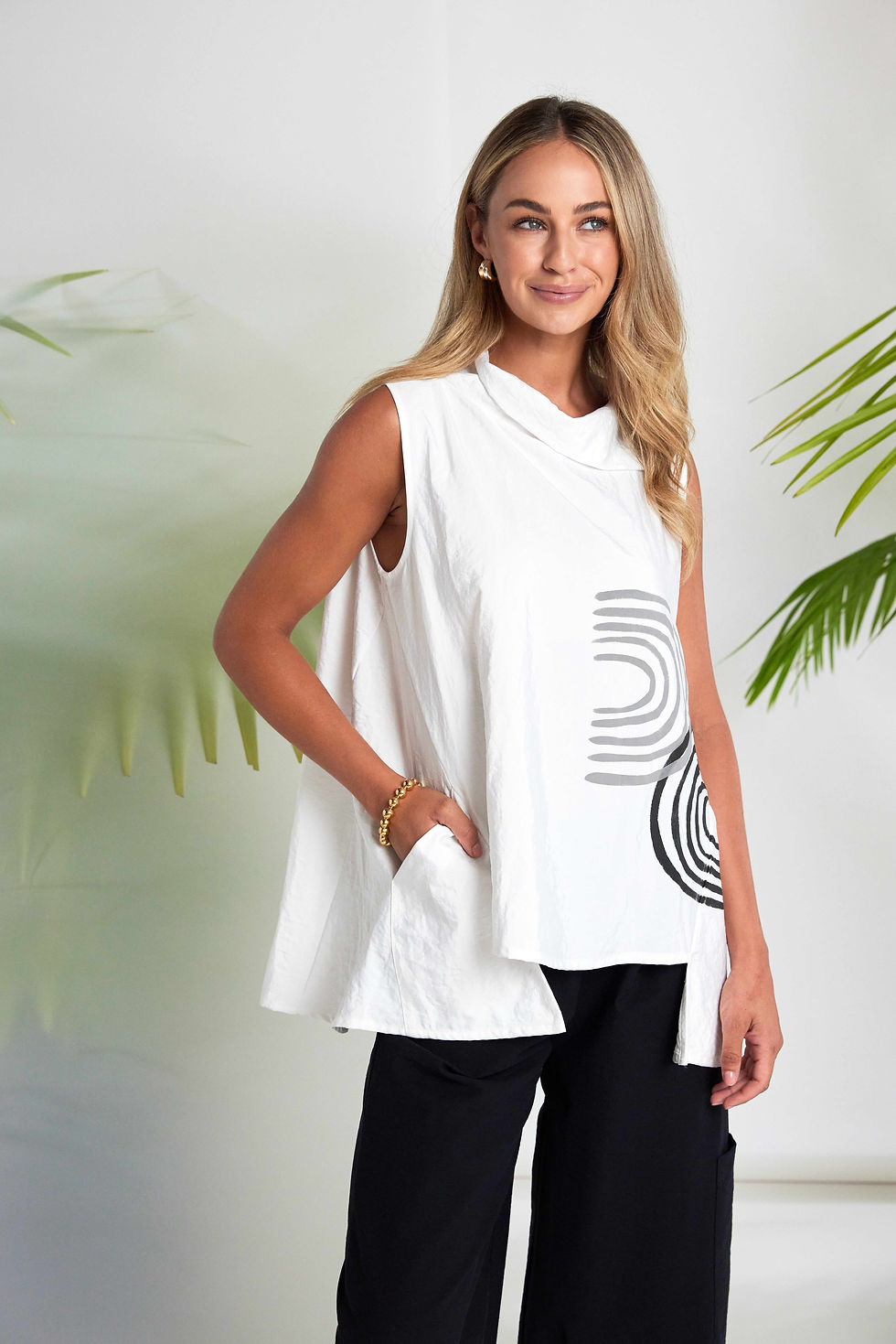 Thumbnail: 261 NAYA Placement Print Top With Collar And Cut Out Hem