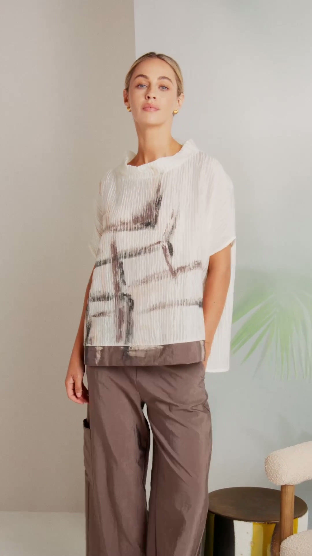 265 NAYA Rippled Print High Neck Top With Contrast Hem