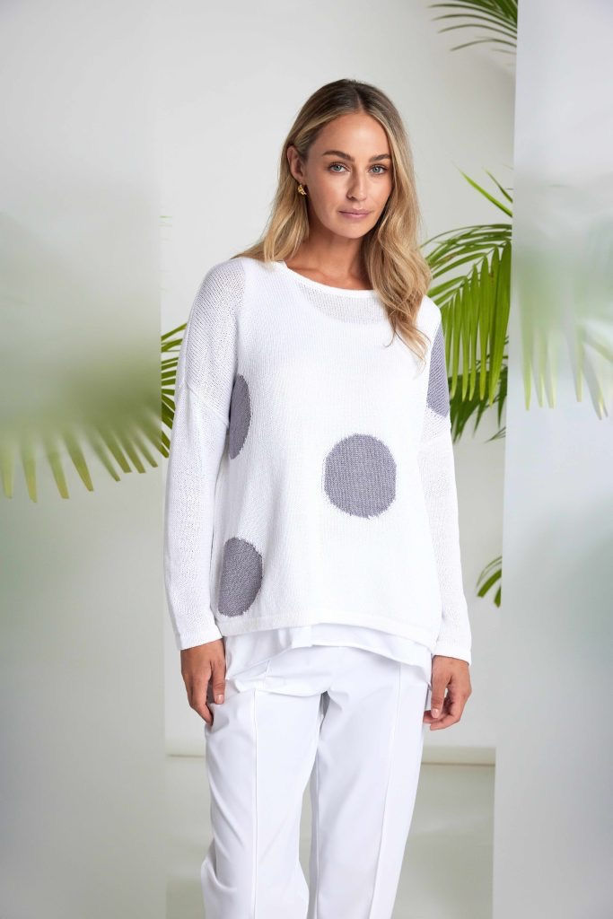 142 NAYA DOVE & WHITE Spot Print Round Neck Organic Knit