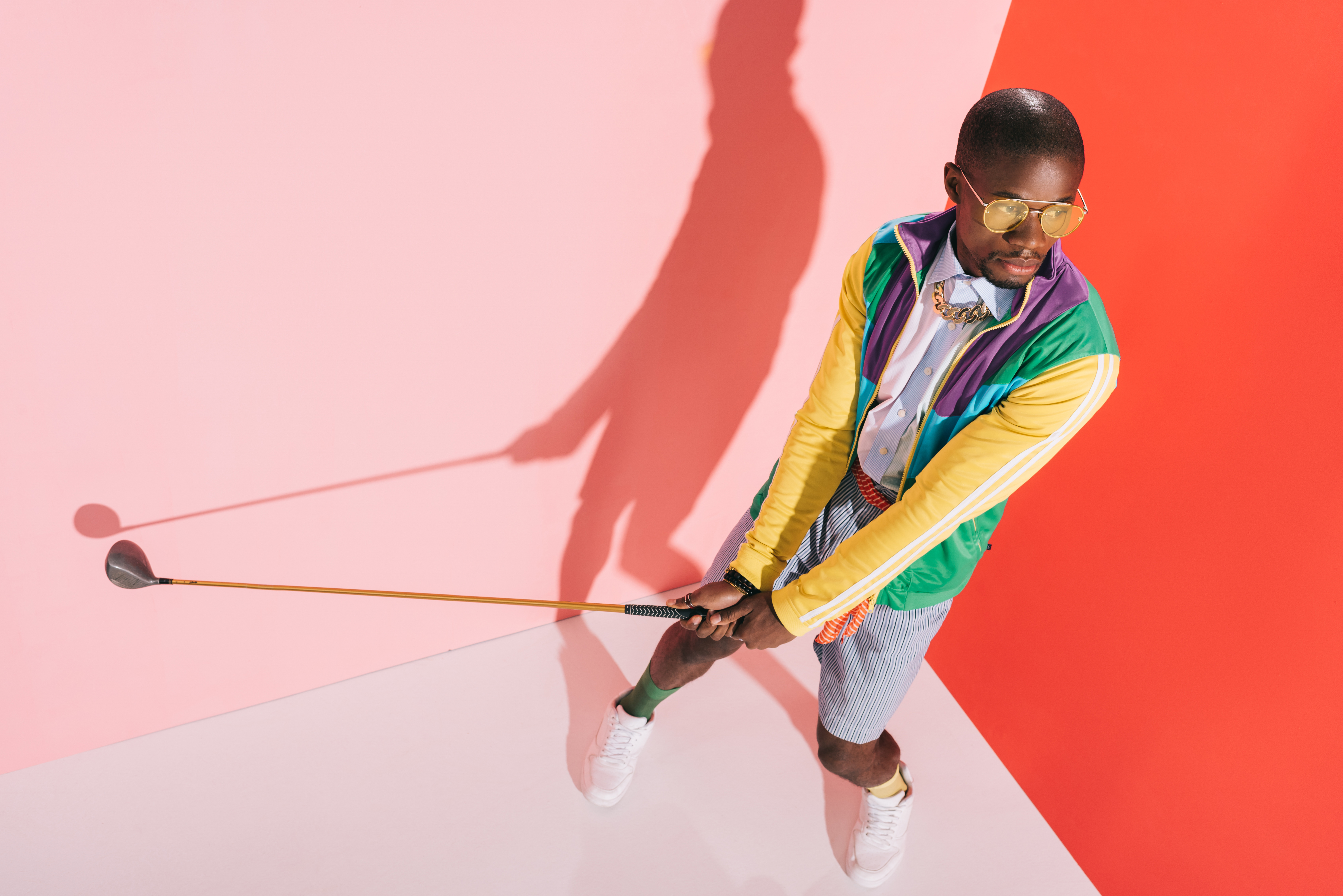 Golfer in brightly colored clothing