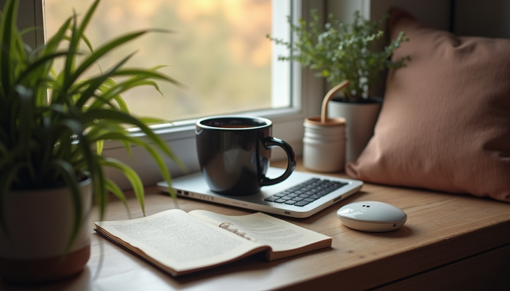 Eye-level view of a cozy writing nook with a laptop and a cup of tea