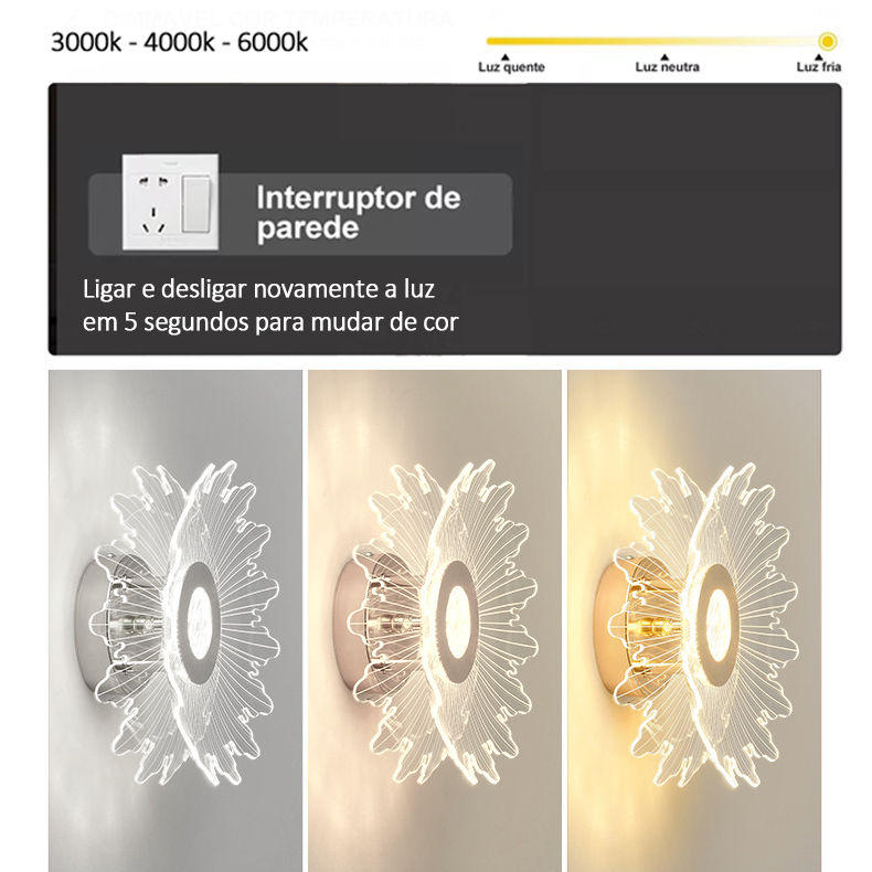 Miniatura: Luminária Arandela Flor Parede Teto 2 Em 1 Fibra Ótica Acrílica Dourada Jy-05
