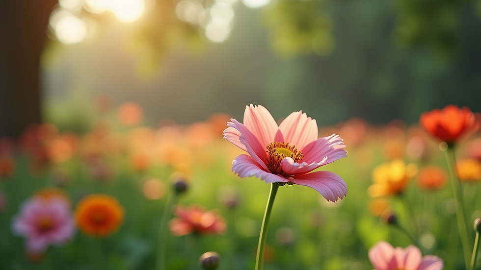 Close-up view of a peaceful garden with blooming flowers