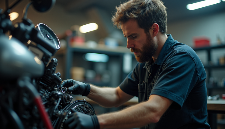 Close-up view of a motorcycle mechanic working on a bike in a well-lit garage