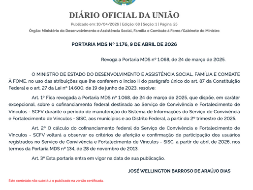 Portaria MDS nº 1.176/2026 extingue regime excepcional e retoma regras rígidas de cofinanciamento do SCFV.