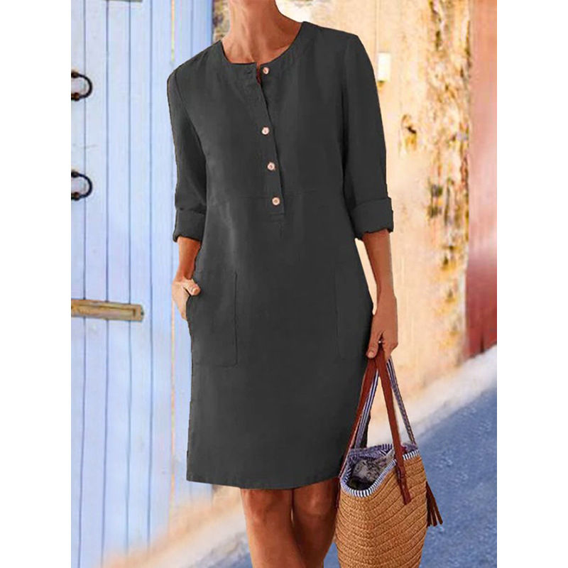 Thumbnail: Women Casual Soild Long Sleeve Cotton And Linen Tunic Dress Vintage Straight Dre