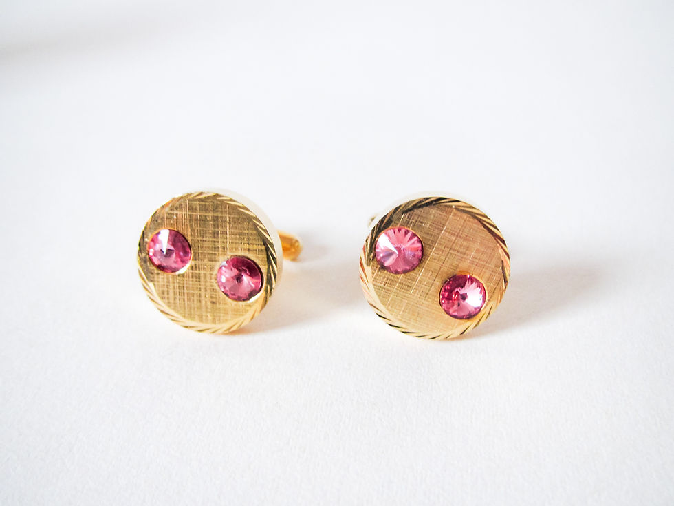 Thumbnail: Vintage diamond cut cuff links in gold tone metal set with pink Rivoli crystals