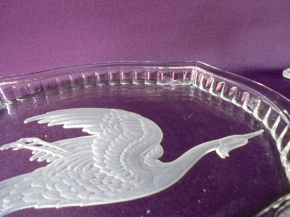 Thumbnail: Leroc Crystal dressing table set from the Art Deco 1930s era, each piece is etched with a crane bird. Bohemia Czech crystal