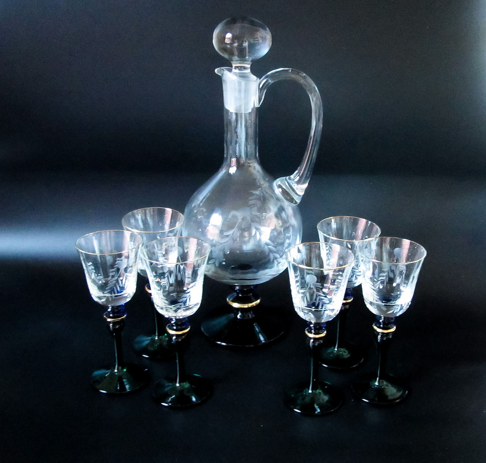 Thumbnail: vintage etched glass Claret jug and six glasses set