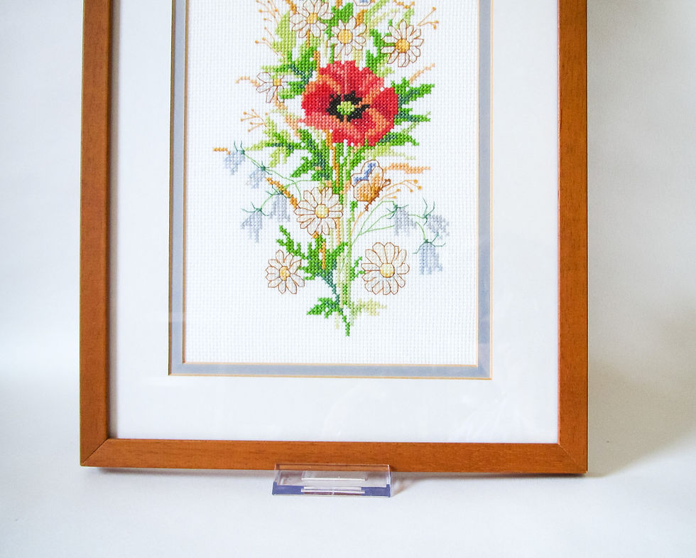 Thumbnail: Vintage cross stitch picture, poppies, wild flowers and butterflies
