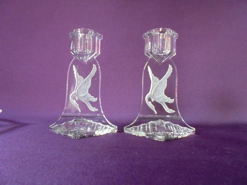 Thumbnail: Leroc Crystal dressing table set from the Art Deco 1930s era, each piece is etched with a crane bird. Bohemia Czech crystal