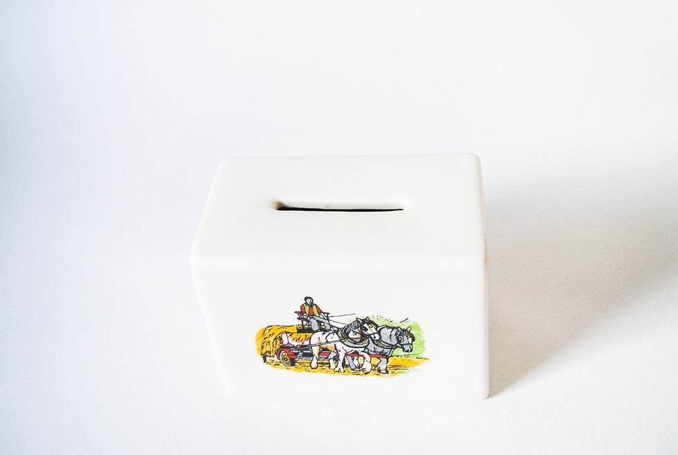 Thumbnail: Vintage money box with a country scene of horse plough and the back has Mablethorpe written it.  Vintage tourist ware