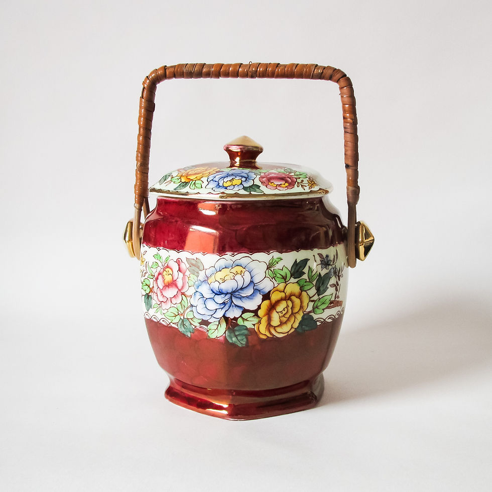 Thumbnail: Maling Peony Rose biscuit barrel with woven wicker handle, lustre ware pottery from the 1950's