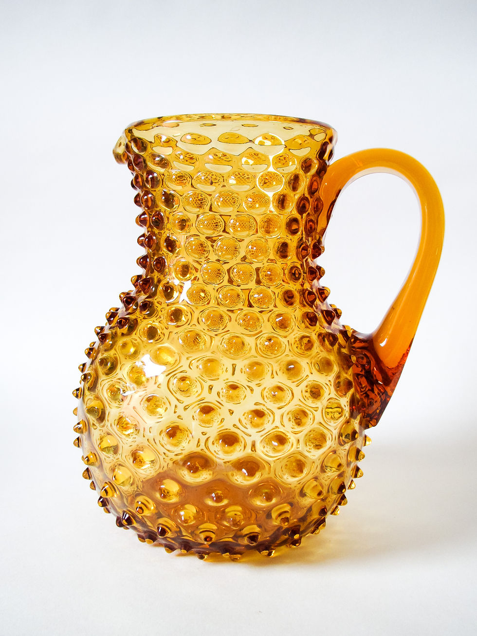 Amber Art Glass Jug Pitcher, Spikey Seed Pod Design, Empoli Glass Italy
