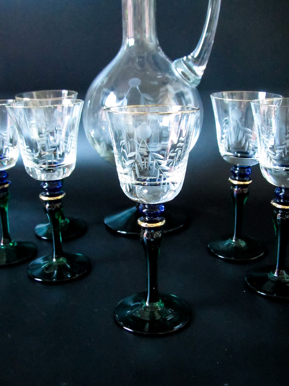Thumbnail: vintage etched glass Claret jug and six glasses set