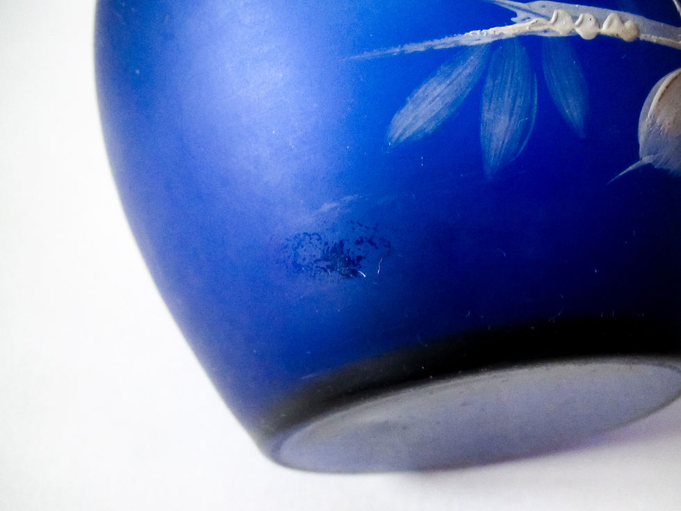 Thumbnail: Antique Blue Satin Glass Vase, White Hand Enamelled Fruits and Foliage Design, circa 19th Century