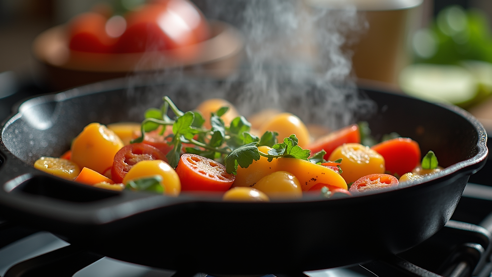Eye-level view of cast iron skillet cooking vegetables on stove
