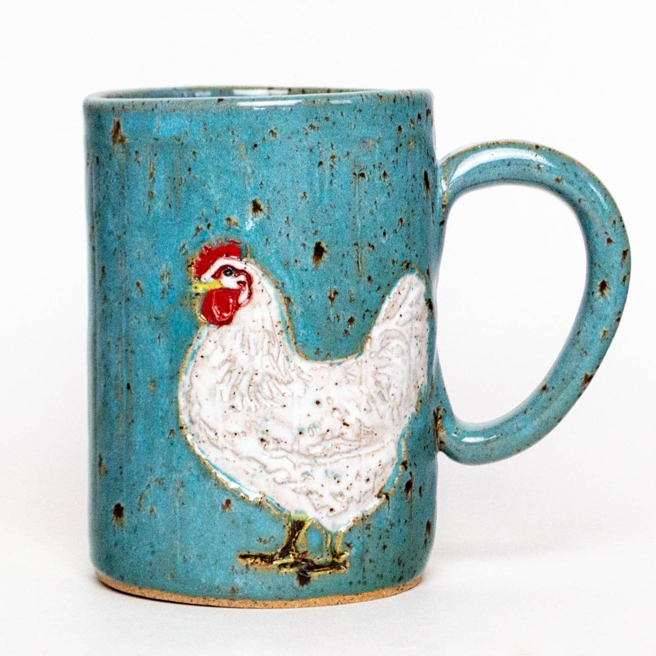 White Chicken Handmade Ceramic Blue Spangled 14 oz Mug