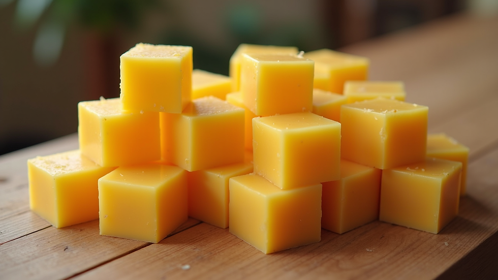 High angle view of beeswax blocks stacked on a wooden table