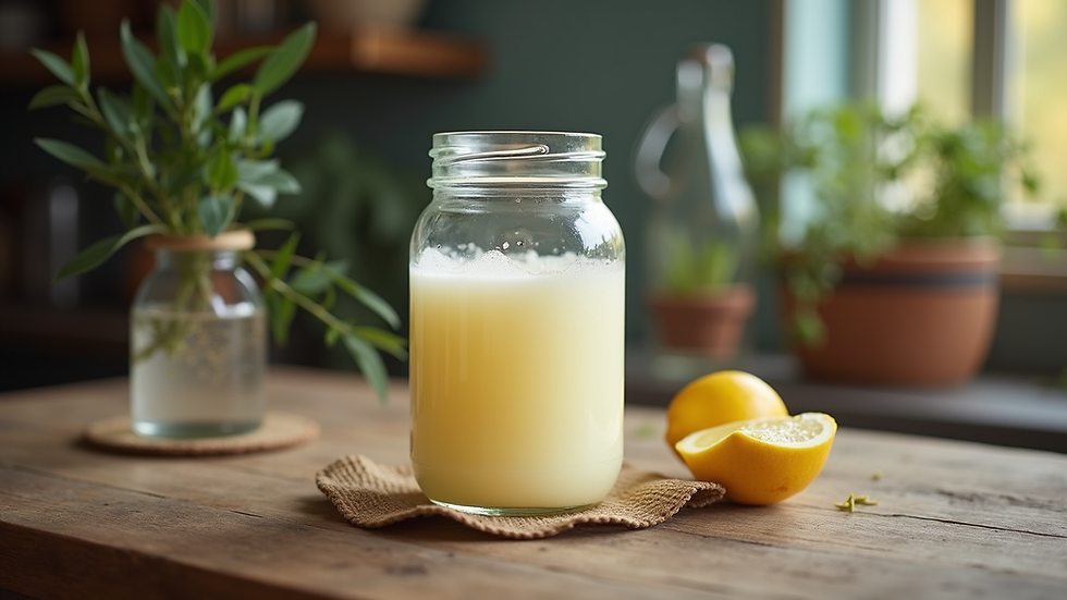 Eye-level view of a glass jar filled with homemade water kefir on a rustic wooden table