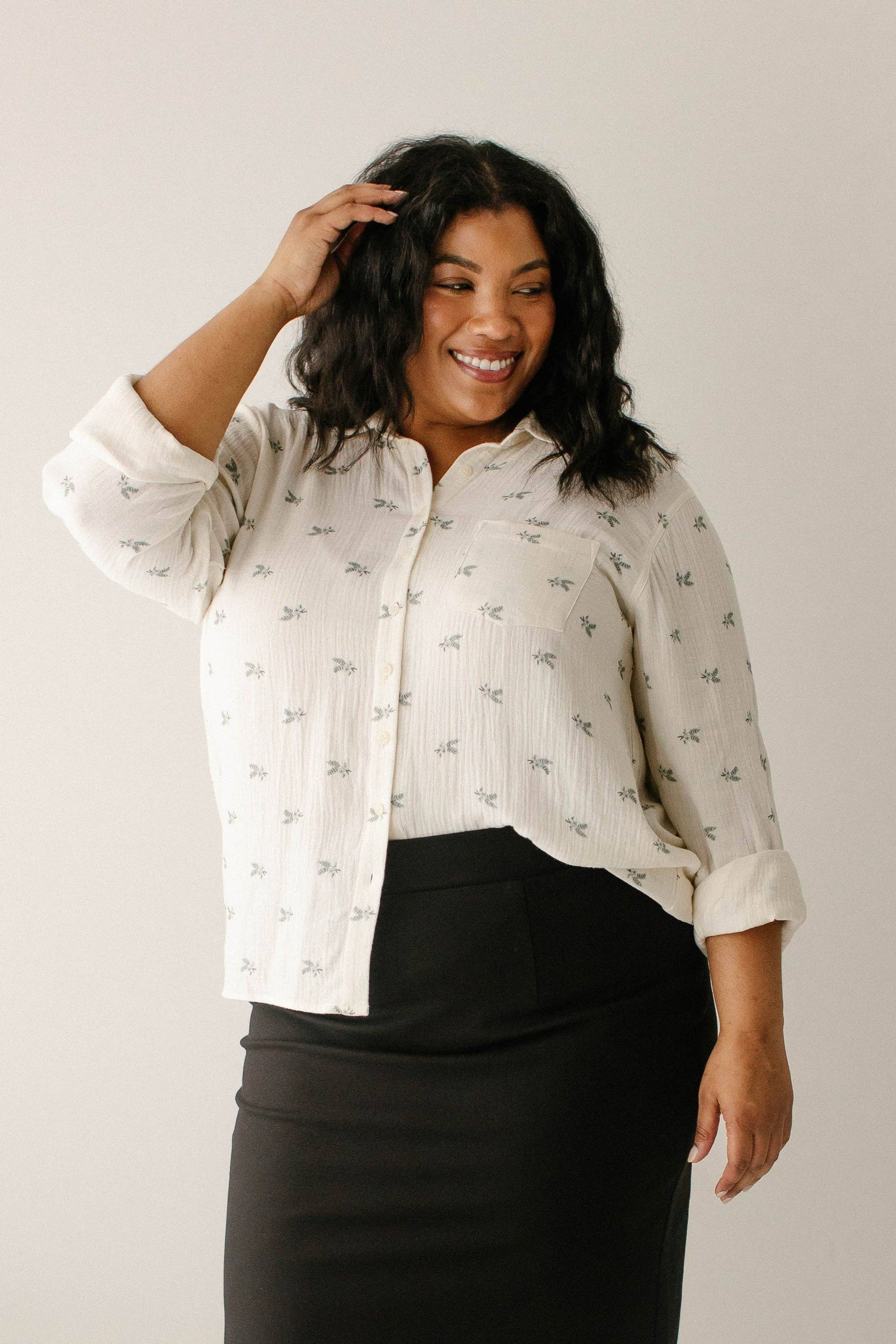 'Morgan' Leaf Print Cotton Button Down Top in Cream FINAL SALE