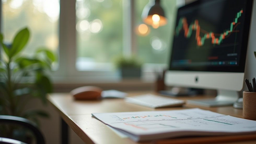 Eye-level view of a serene trading desk with eco-friendly materials