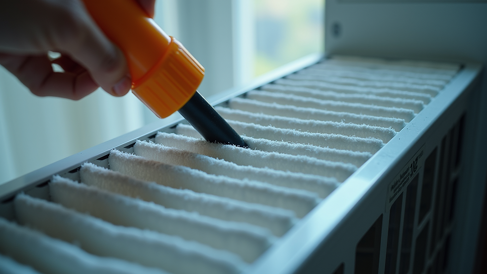 Close-up view of an air conditioner filter being cleaned
