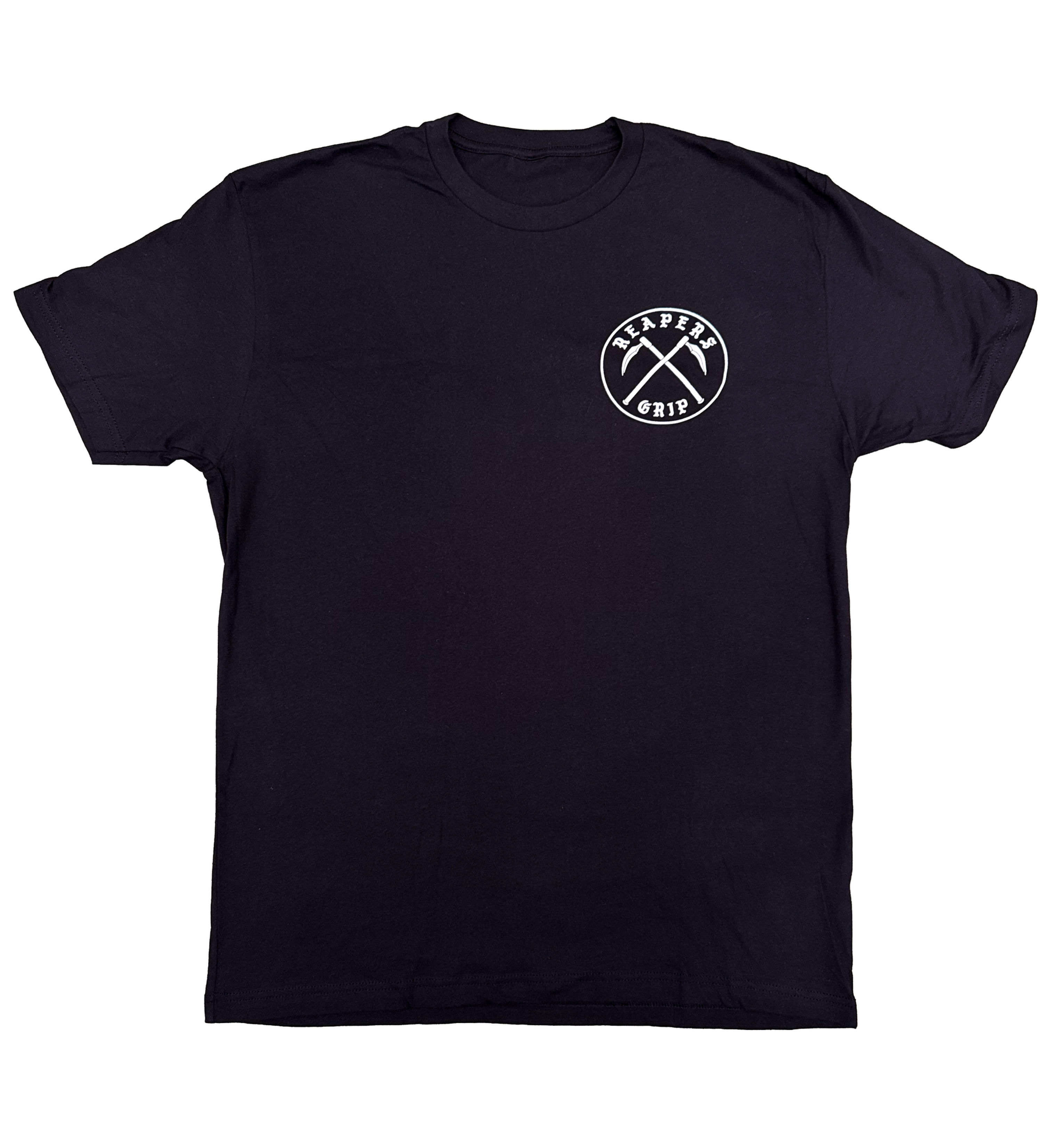 reapers griptape new black circle logo shirt featuring a pocket design reapers logo of cross sickles in white over left chest