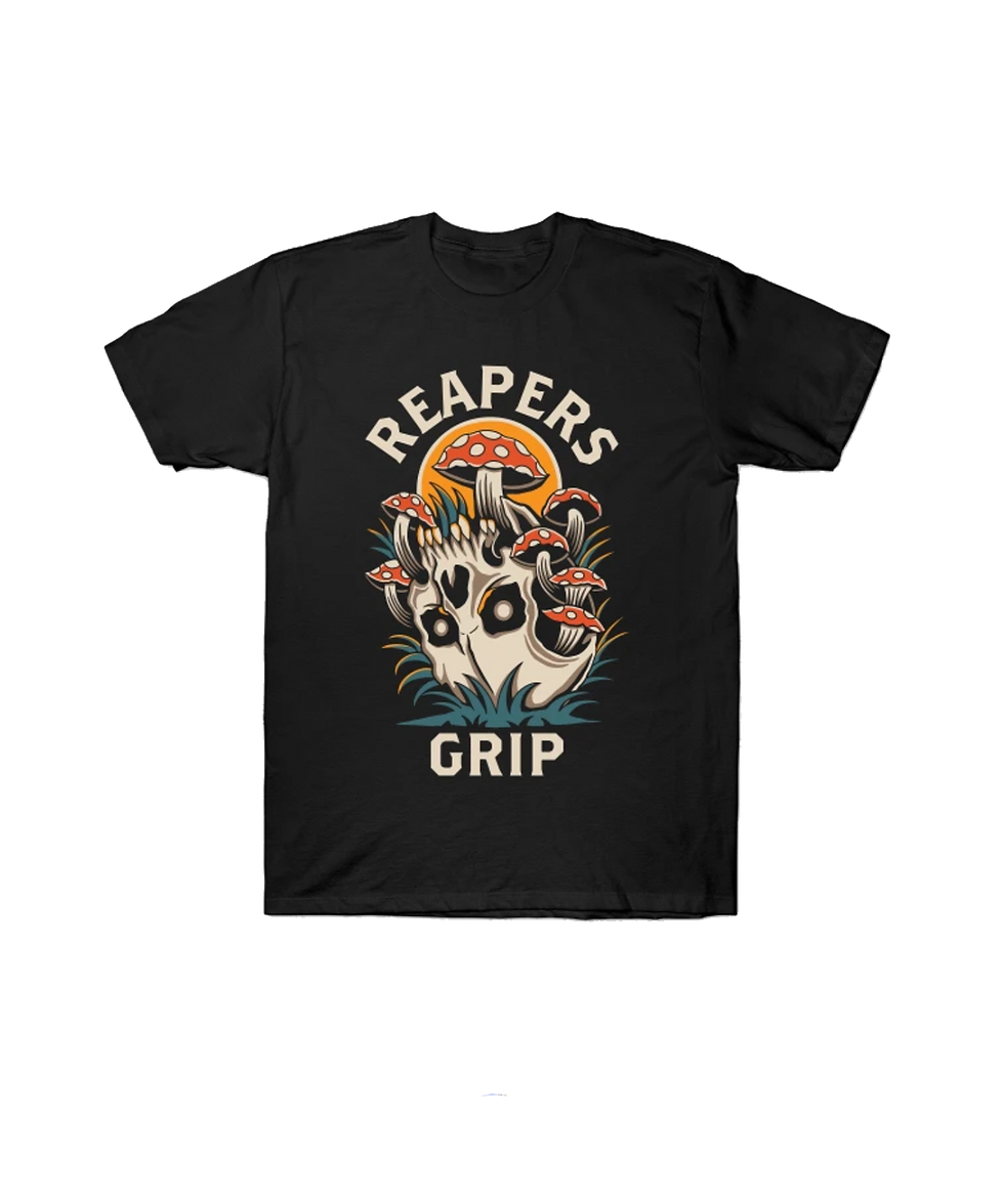 reapers griptape kill your ego skateboarding shirt features in color upside down skull with mushrooms growing from it -