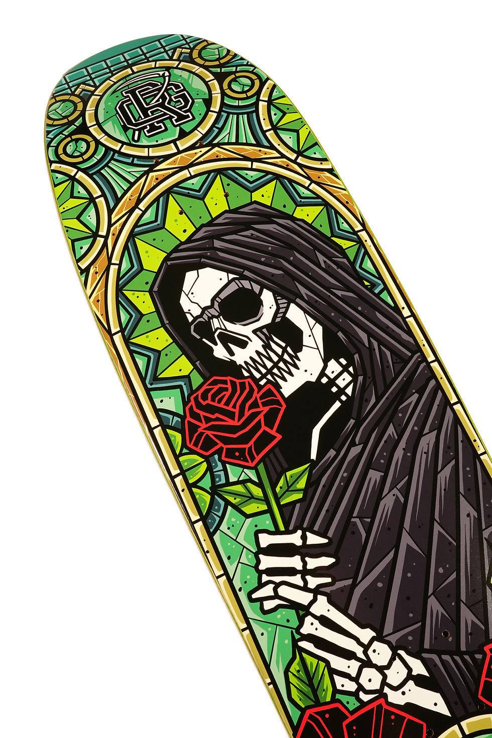Thumbnail: reapers grip and black rose sk8boards Rosa Muerte cruiser 9.4 skateboard deck