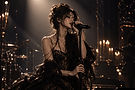 Female singer performing on stage in a gothic black dress.