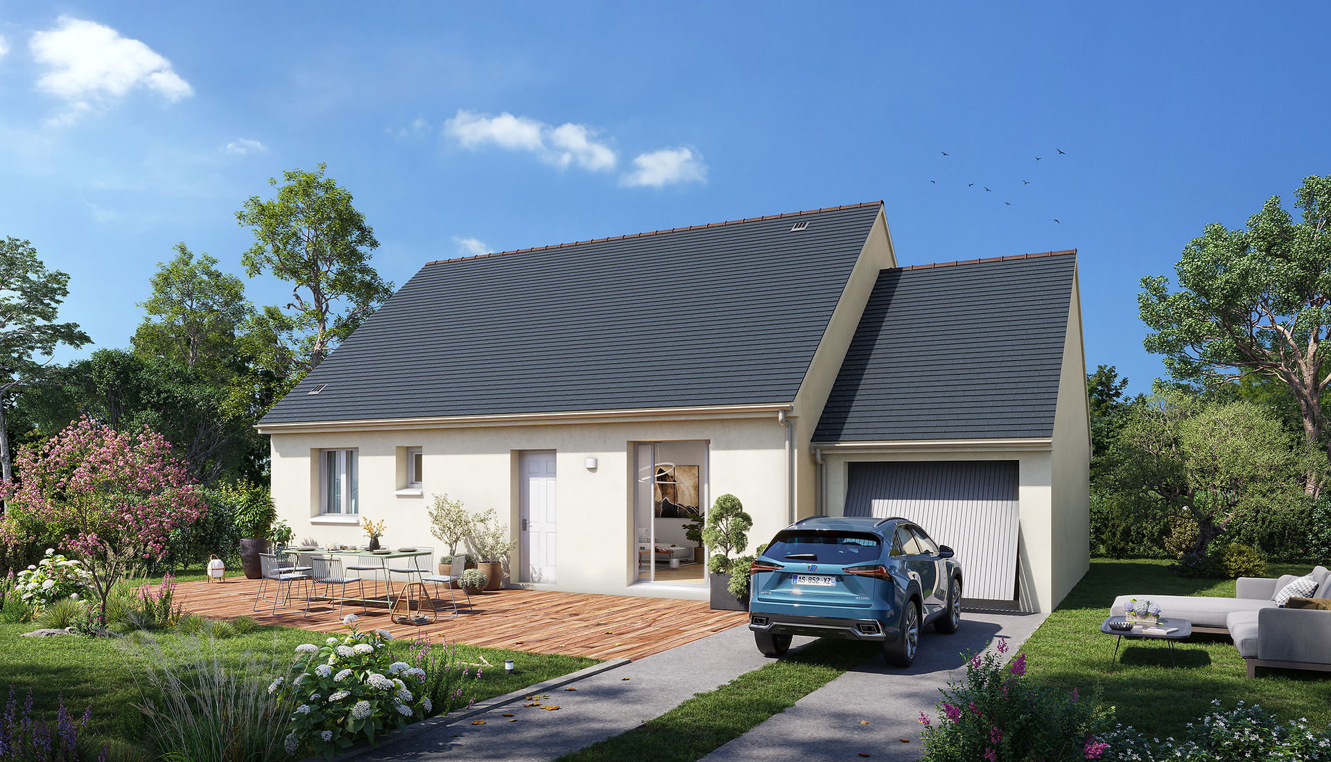 Modèle de maison de plain-pied Maisons Le Masson, avec terrasse et jardin