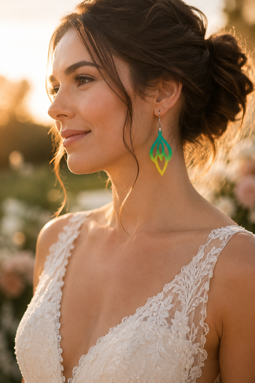 une mariée avec des boucles d'oreilles colorées
