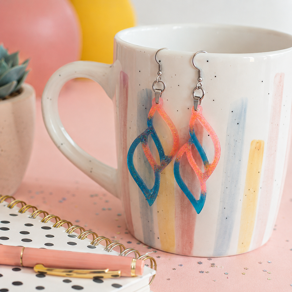 des boucles d'oreilles en résine epoxy poser sur un mug