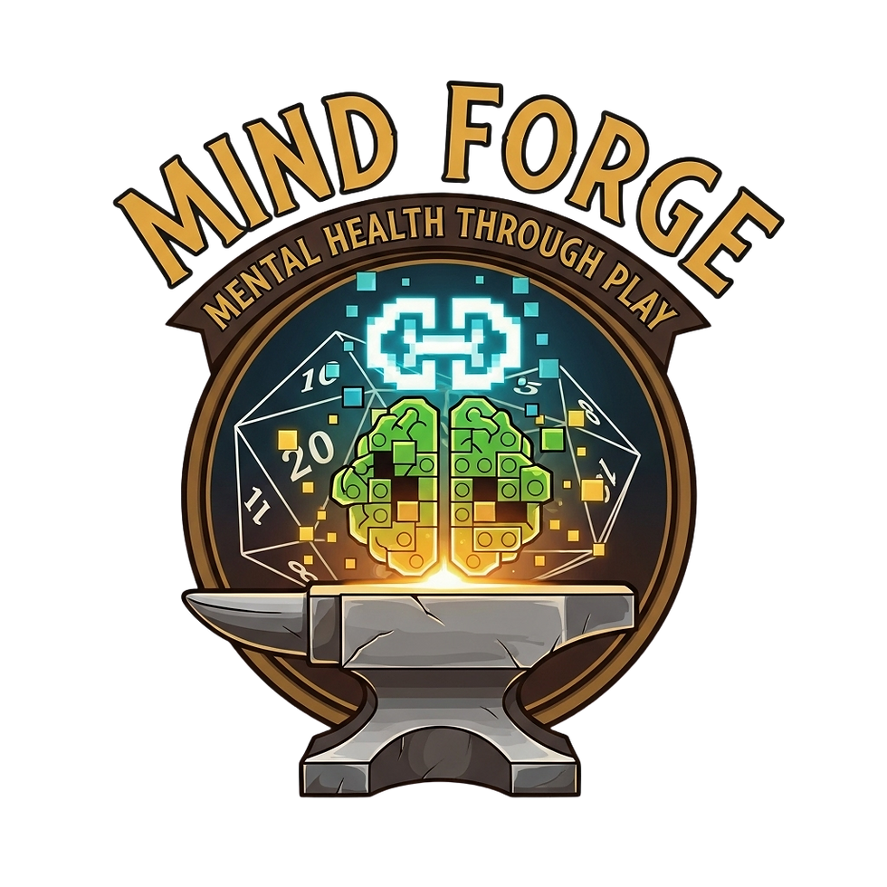 Mind Forge logo: Mental Health Through Play, anvil, dice, brain.